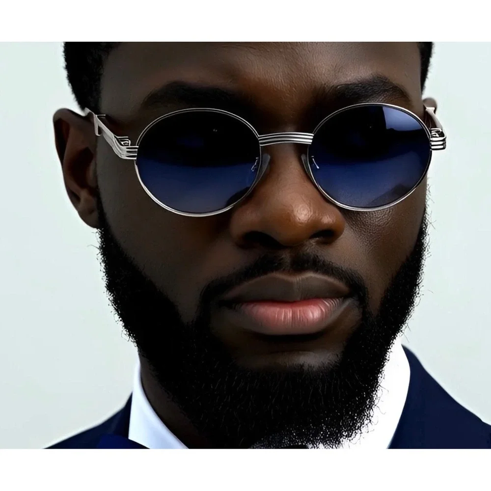 Round Blue Lens Sunglasses‎ Mens Wood Temple Metal Frame Fashion Eyewear LENTES